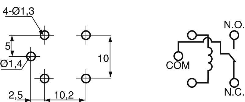 Schéma zapojení s rozměry vlevo, vpravo symbol elektrické cívky s připojením na 'COM', 'N.O.' a 'N.C.'.