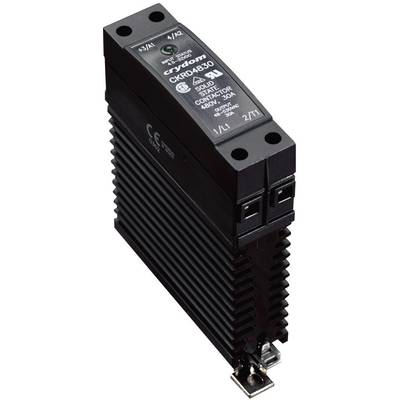 Černé polovodičové relé (solid state relay) značky Crydom, model CXD4850, s chladičem. Specifikace výkonu 480 VAC, 50 A.