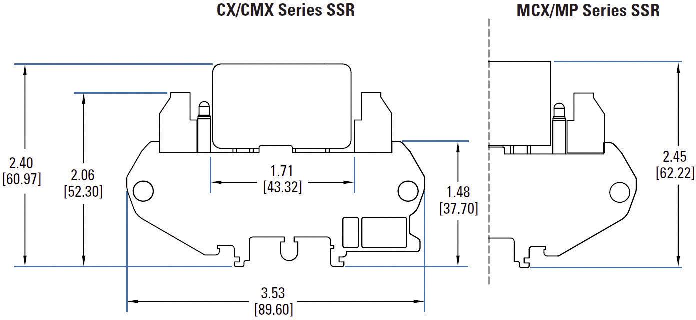 Technický výkres SSR série CX/CMX a MCX/MP s podrobnými rozměry v palcích a milimetrech.