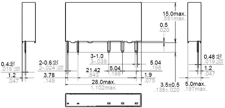 Technický výkres elektronické součástky. Zobrazuje rozměry jako šířku (28,0 mm) a výšku (15,0 mm) včetně rozmístění pinů.