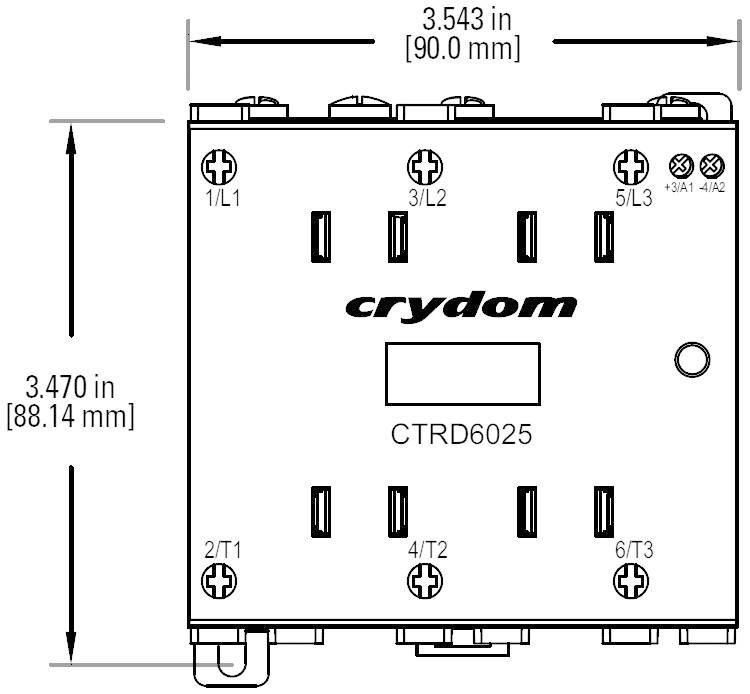 Diagram polovodičového relé od společnosti Crydom, model CTRD6025, s rozměry: šířka 90,0 mm a výška 88,14 mm.