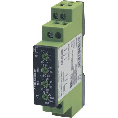 Zelený elektrický reléový modul s několika svorkami a popisy na přední straně, včetně provozního rozsahu a údajů o výrobci.