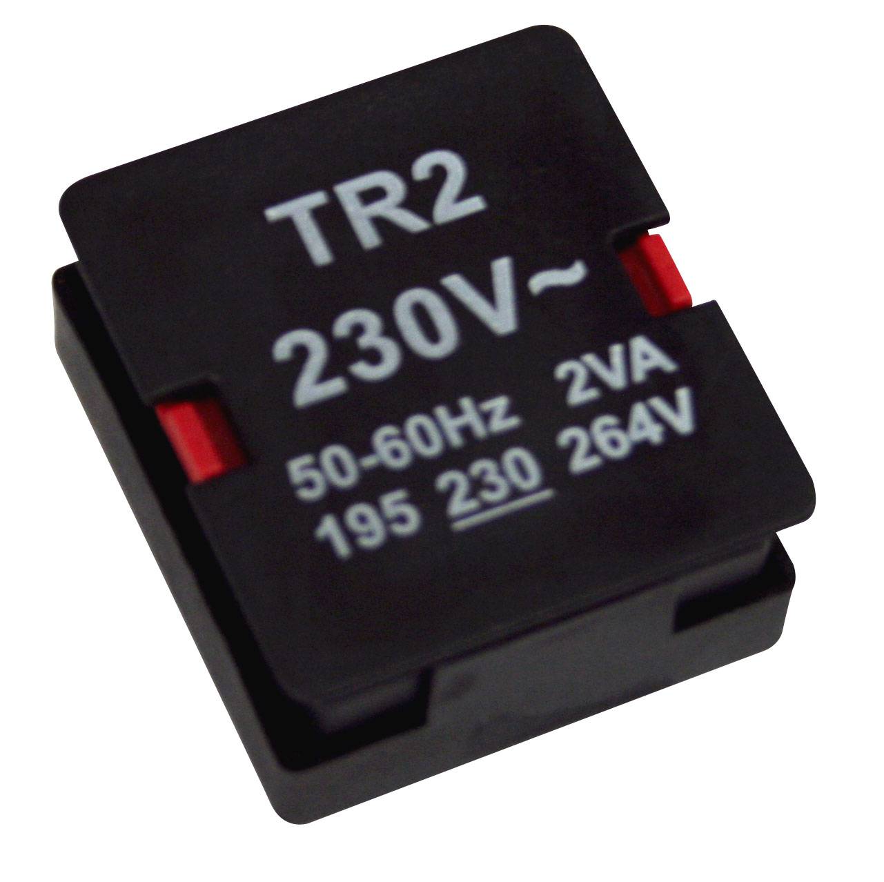 Černý transformátor s nápisem 'TR2 230V~ 50-60Hz 2VA 195 230 264V', používaný k úpravě napětí.