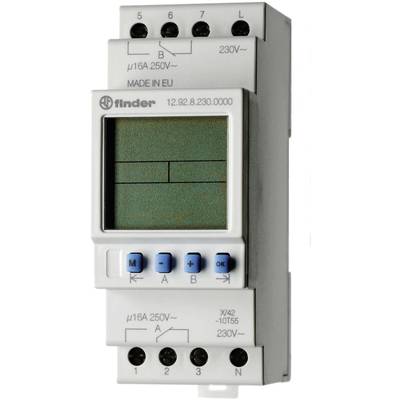 Elektronický spínací hodiny s displejem, programovacími tlačítky a elektrickými přípojkami, vyrobené v Evropě pro nastavení času.