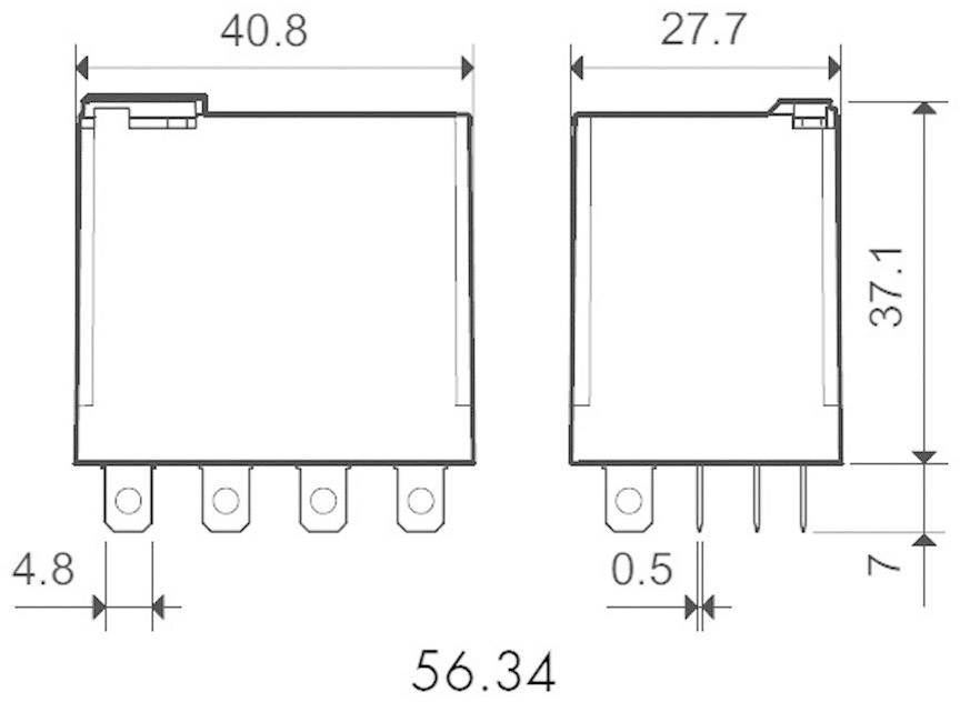 Technický výkres obdélníkové elektronické součástky s rozměry: šířka 40,8 mm, výška 37,1 mm, hloubka 27,7 mm.