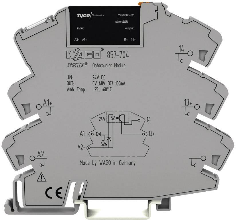 Optočlenový modul od WAGO, model 857-704. Napětí 24V DC, teplotní rozsah -25 až 60°C. Vyrobeno v Německu.