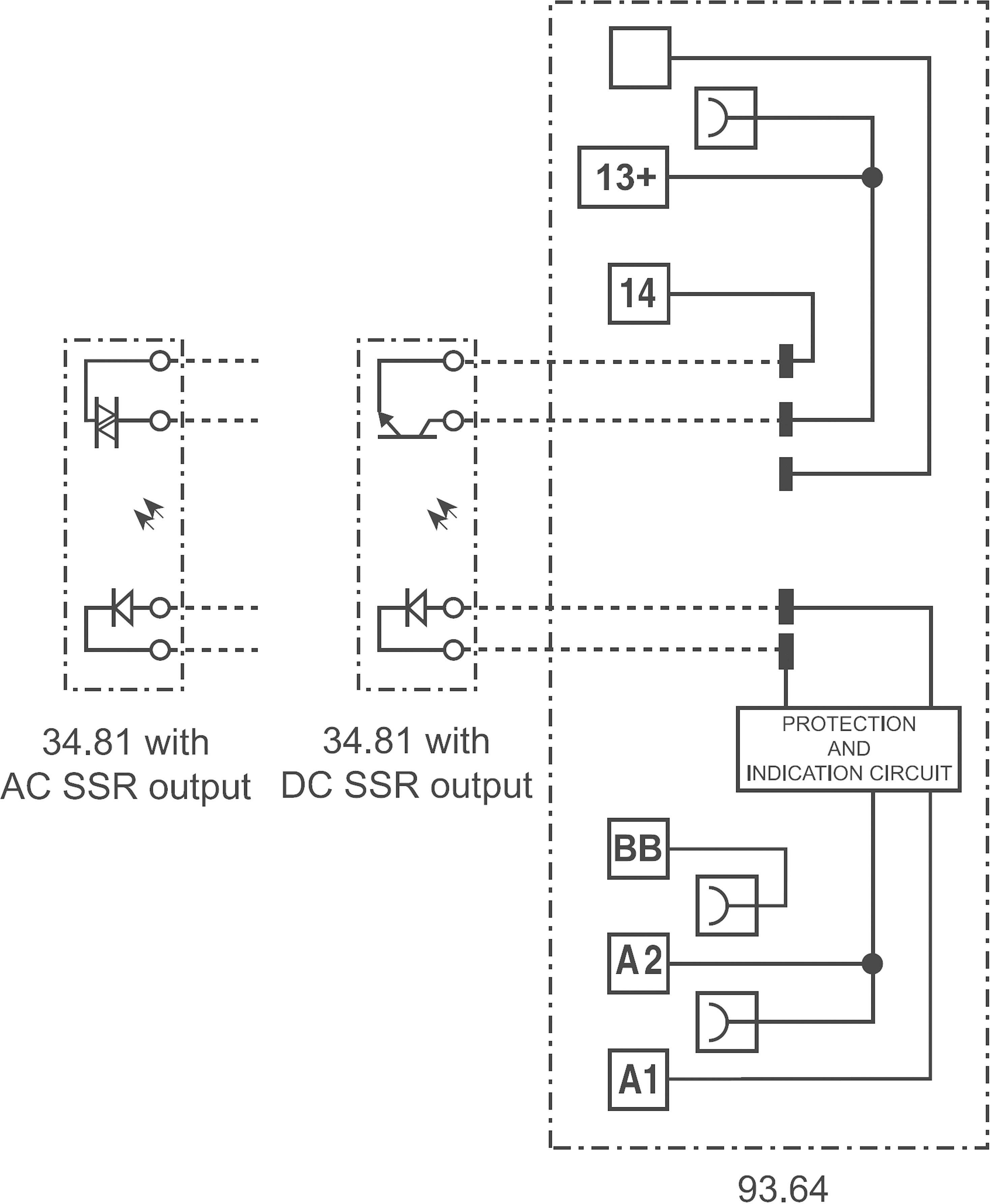 Schéma znázorňuje AC a DC SSR výstupy. Vlevo AC SSR, vpravo DC SSR s ochranným a indikačním obvodem. Zobrazeny různé symboly.