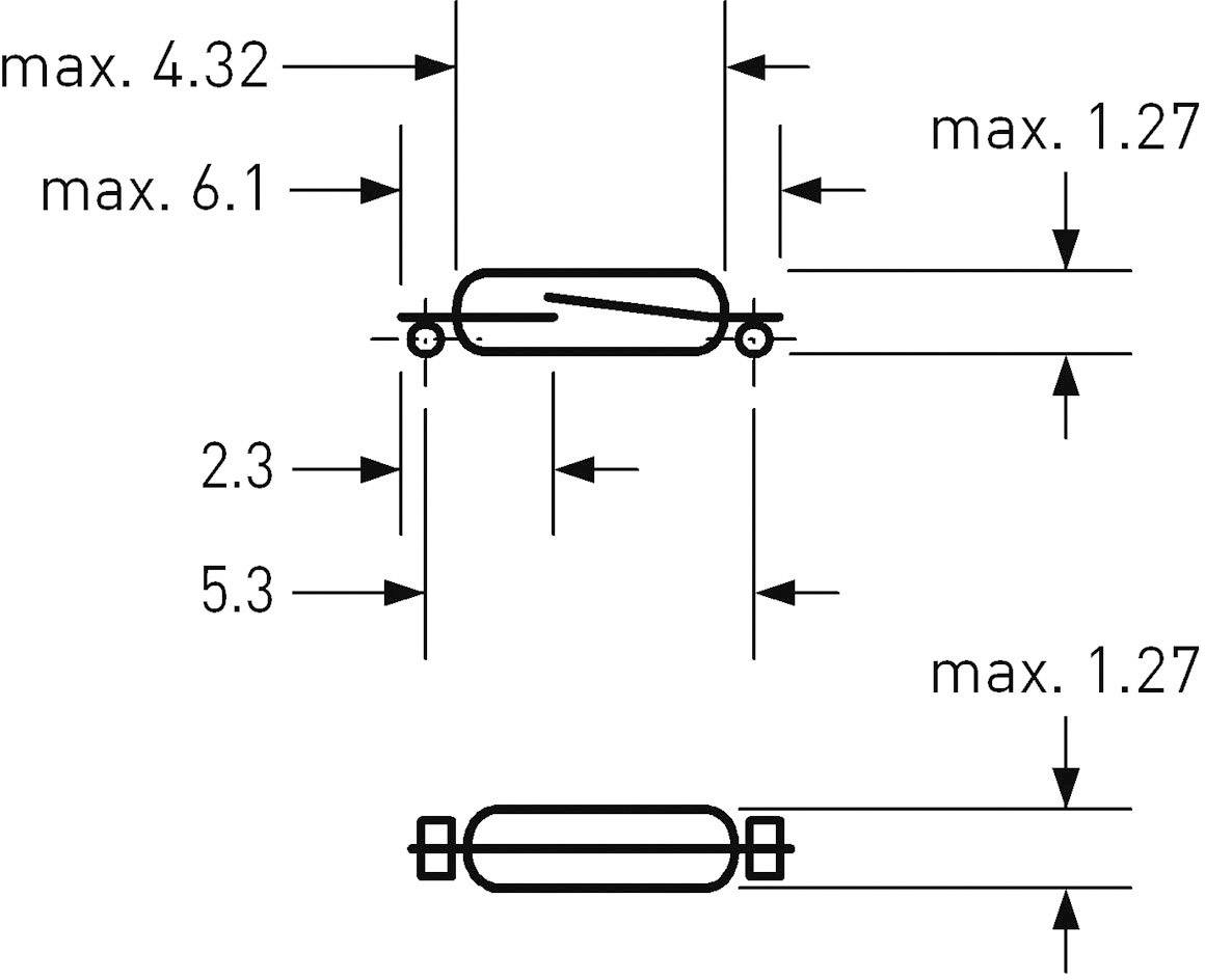 Diagram znázorňuje dva tvary s rozměry v milimetrech. Nahoře: nepravidelný tvar. Rozměry: max. 4,32, max. 6,1, výška 2,3, šířka 5,3, maximální výška 1,27. Dole: obdélníkový tvar, maximální výška 1,27.