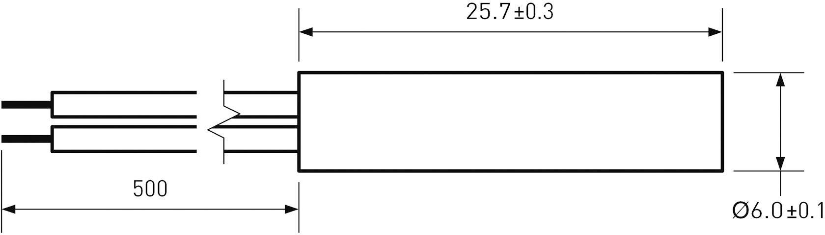 Diagram obdélníkové součástky s rozměry: délka 25,7±0,3 mm, průměr Ø6,0±0,1 mm a délka kabelu 500 mm.