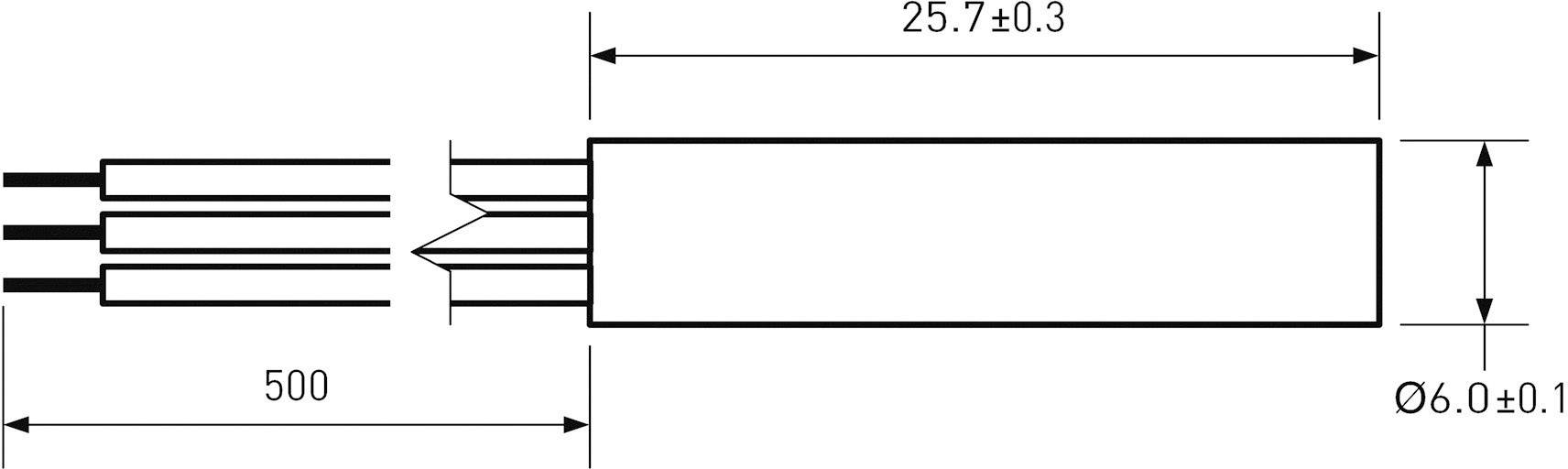 Nákres obdélníkového konektoru s rozměry: délka 25,7 mm ±0,3 mm, celková délka 500 mm, průměr 6,0 mm ±0,1 mm.