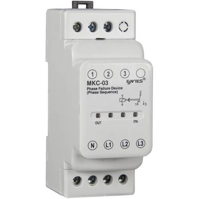 Bílé zařízení pro detekci výpadku fáze MKC-03 s připojovacími svorkami, LED diodami a schématem zapojení pro monitorování sledu fází v elektrických zařízeních.