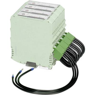 Zelený elektrický modul s několika konektory a kabely, který se používá pro propojení nebo řízení v technickém systému.