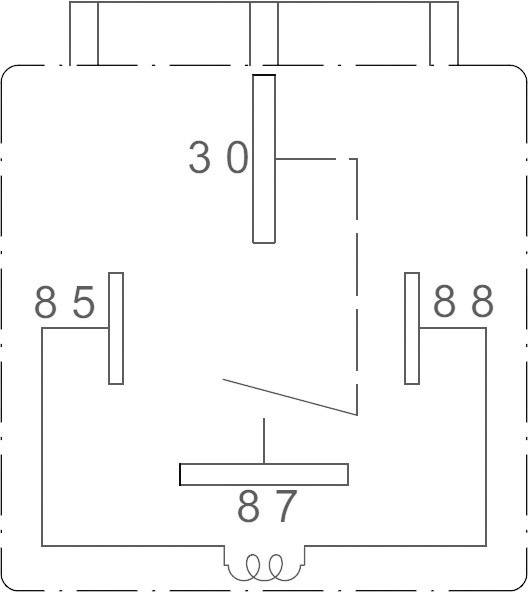 Spínací symbol elektrického relé s přípoji 30, 85, 86, 87 a 88, který znázorňuje řízení elektrického obvodu.