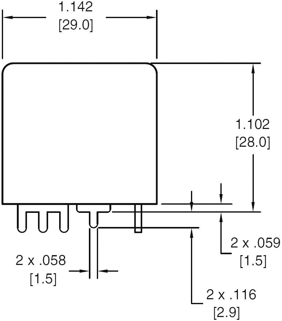 Diagram elektrické součástky s podrobnými rozměry. Rozměry jsou uvedeny v palcích a milimetrech, zobrazuje různé komponenty a jejich velikost.
