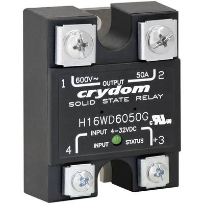 Polovodičové relé označené 'Crydom H16WD6050G', 600V, 50A. Připojovací svorky a LED indikátory pro vstup a stav.
