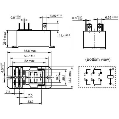 Technický výkres elektrické součástky s podrobnými rozměry a pohledy shora a zdola. Svorky a uspořádání zobrazeny.
