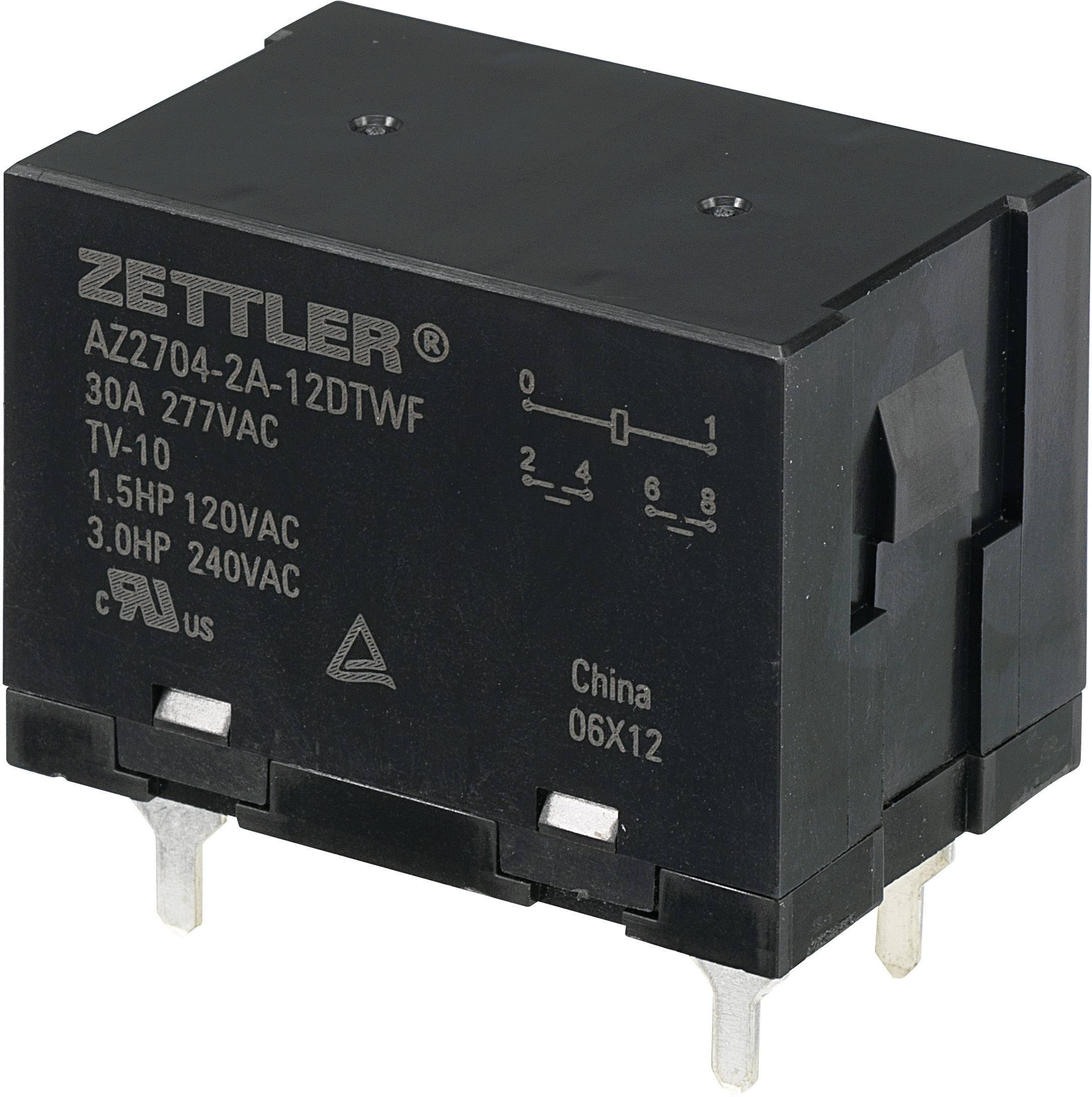 Černé elektrické relé s nápisem 'Zettler AZ7704-2A-12DTWF', technické specifikace a místo výroby.