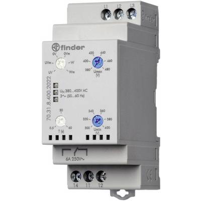 "Finder monitorovací relé napětí 70.31" s třífázovým připojením, indikační LED diody a nastavovací kryty pro úpravu napětí.