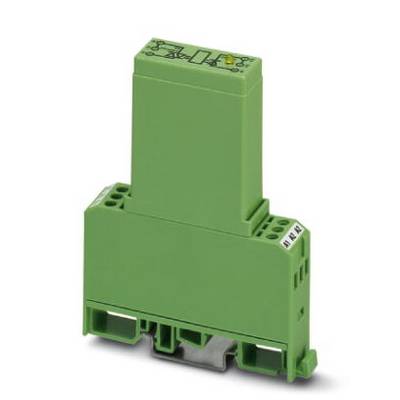 Zelený elektronický modul se šroubovými svorkami, montovatelný na DIN lištu. Vhodný pro průmyslové aplikace.