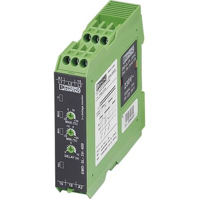 Zelené elektronické zařízení s několika konektory nahoře, označené štítkem 'EMD-SL-3V-400', zobrazuje štítek s technickými údaji a diagramem.