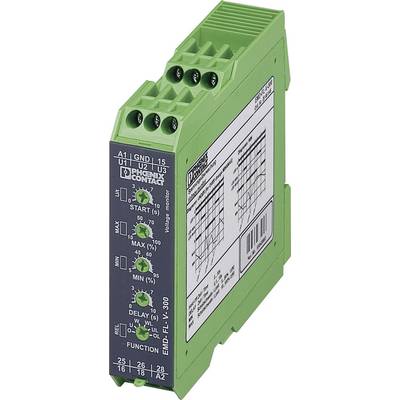 Zelený modul pro sledování napětí s více konektory a ovládacími prvky značky Phoenix Contact, model EMD-FL-V.