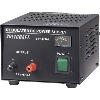 Napájecí zdroj Voltcraft DC FPS 8/10A s indikací proudu. Výstupy: 13,8 V = 8 A/10 A, zelený síťový vypínač, černý záporný a červený kladný pól.