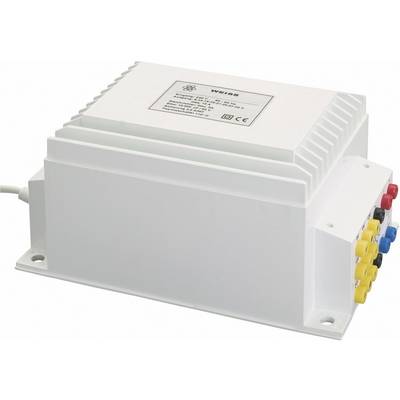 Obdélníkové bílé elektrické zařízení s několika barevnými konektory na pravé straně, umístěné na ploché ploše.