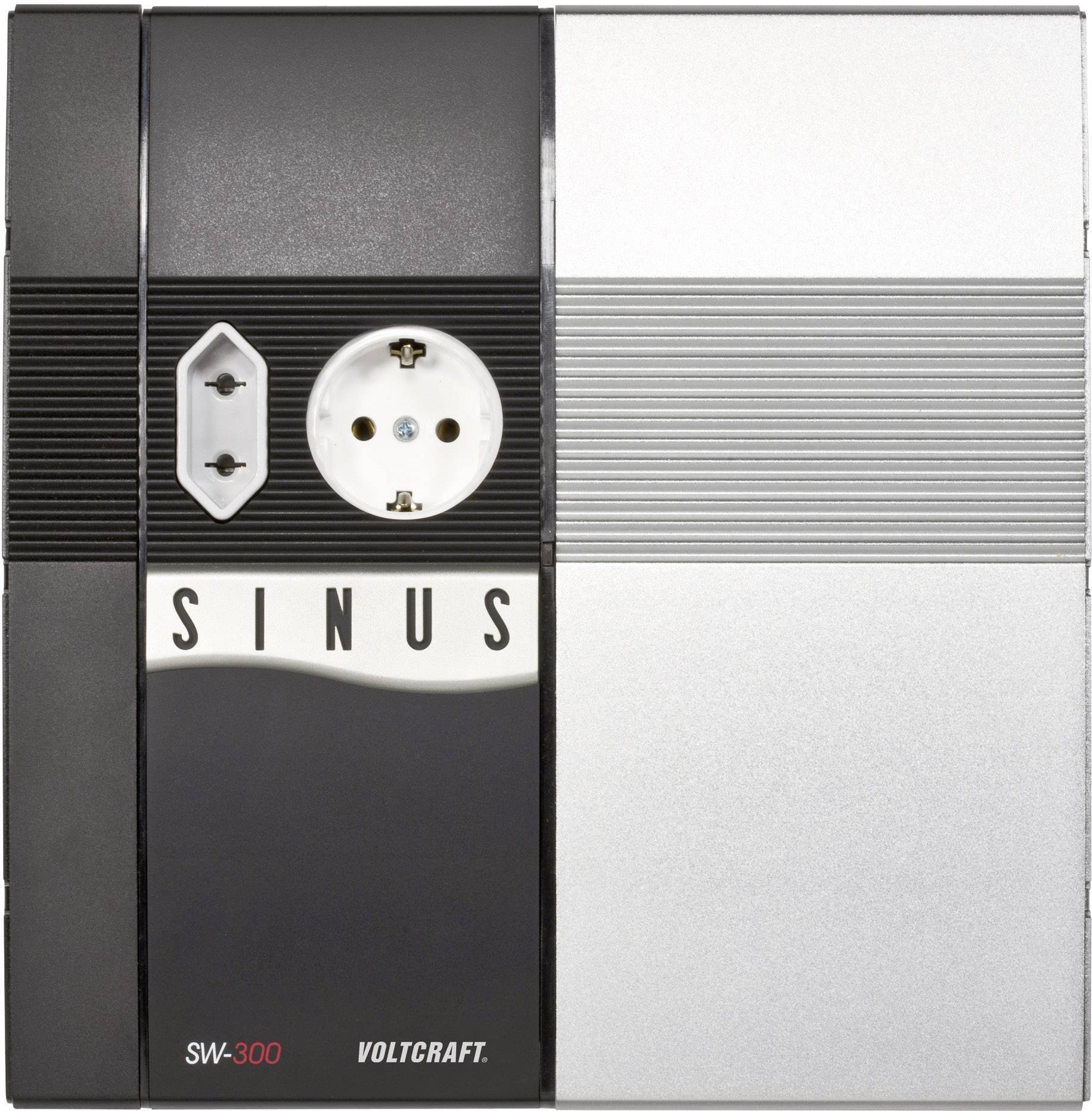 Sinusový měnič Voltcraft SW-300 s připojením do zásuvky a vypínačem, v černém a stříbrném designu.