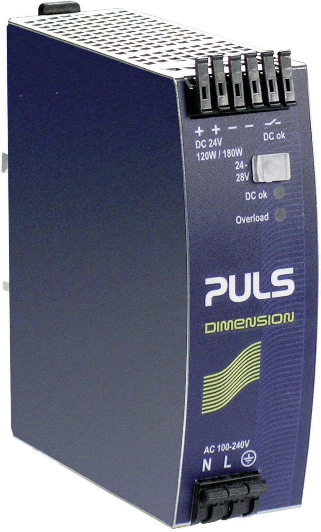 Napájecí zdroj PULS Dimension, 24V, 120W/180W, 24-28V, indikace přetížení a stavové LED diody na přední straně, vstup AC 100-240V.