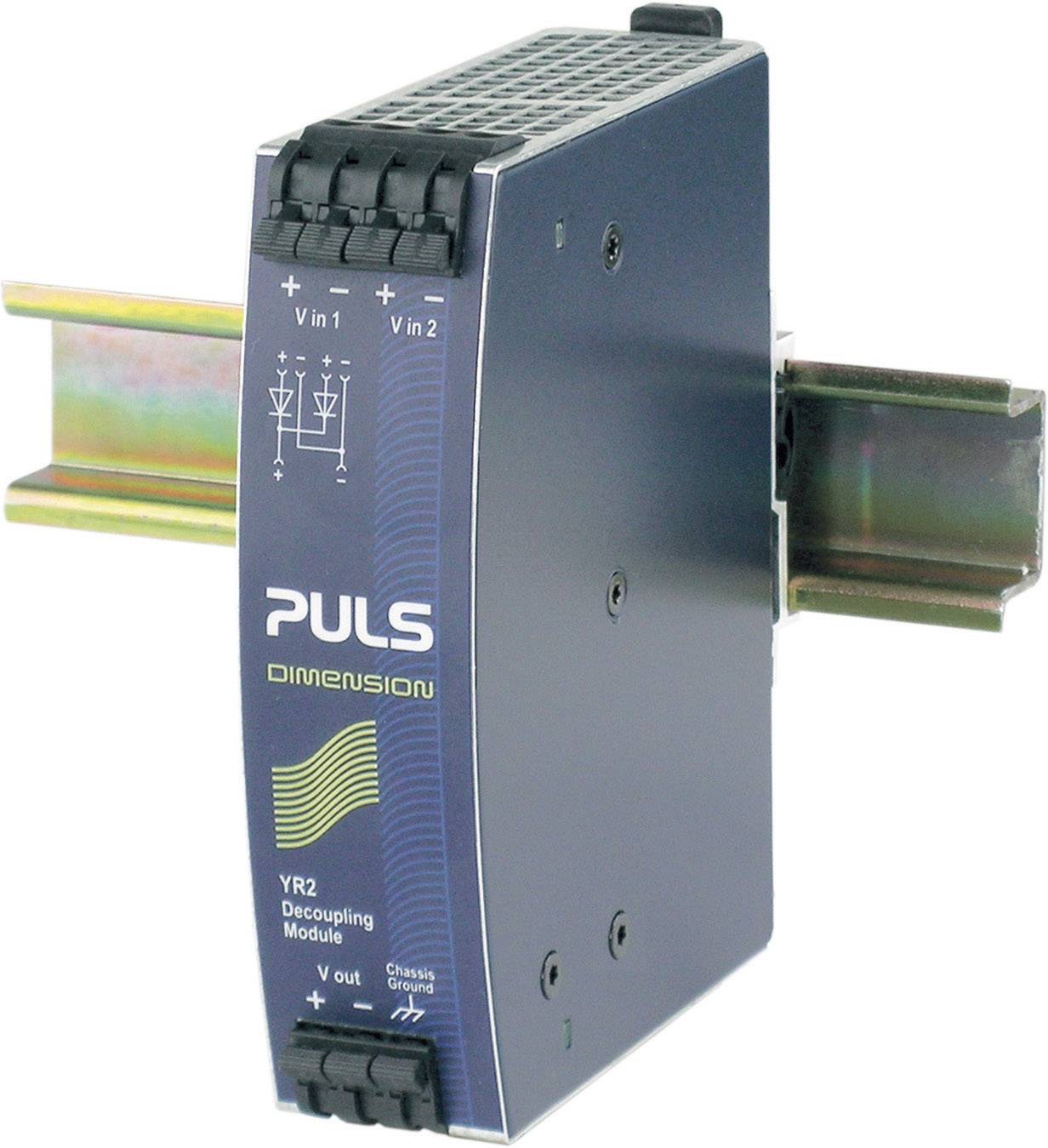 PULS Dimension YR2 odpojovací modul namontovaný na kolejnici, se dvěma vstupy a jedním výstupem pro stabilní napájení.