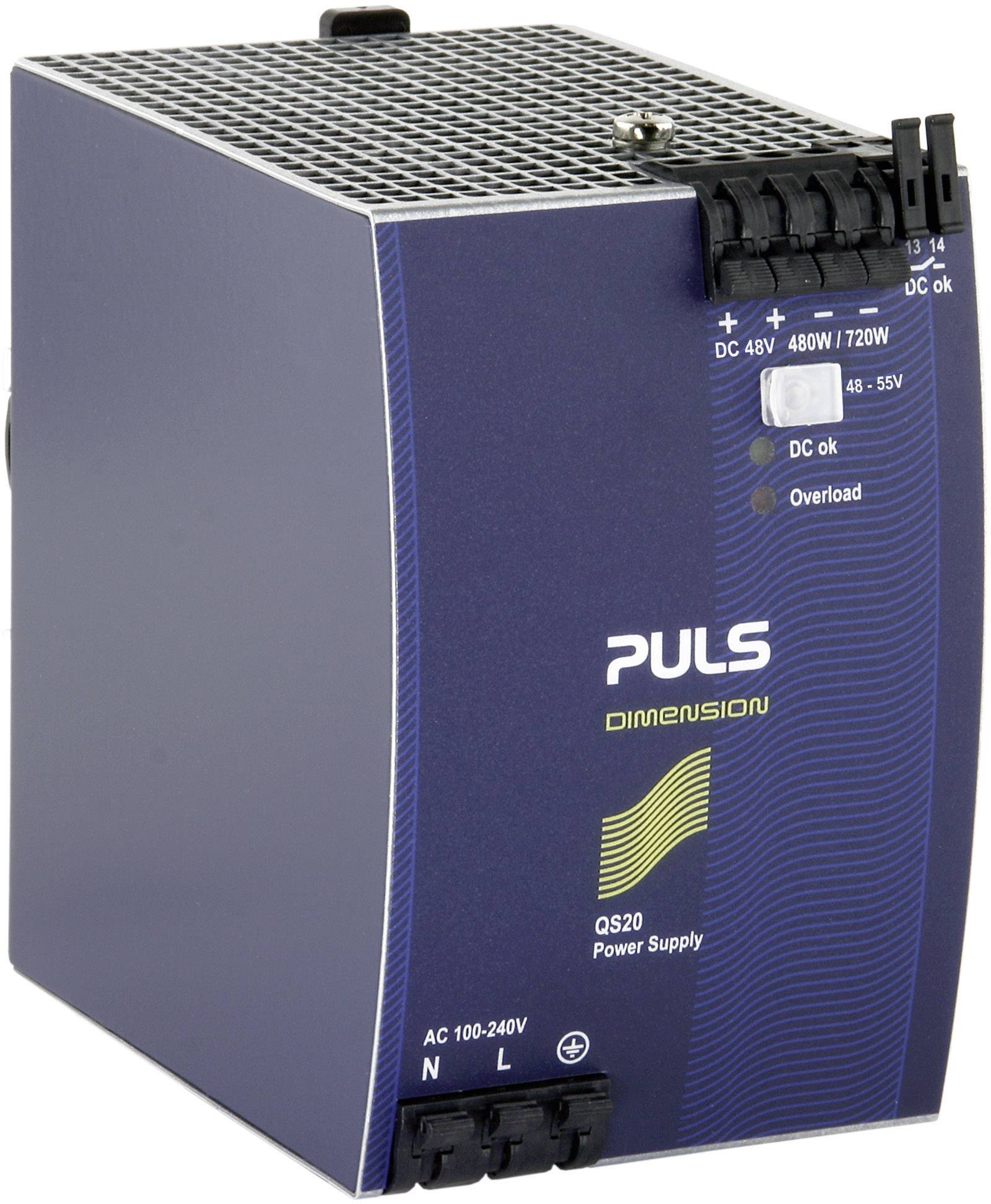 Modrý napájecí zdroj značky PULS s nápisem 'DIMENSION QS20'. Obsahuje LED diody pro indikaci stavu a zobrazuje hodnoty elektrického proudu.
