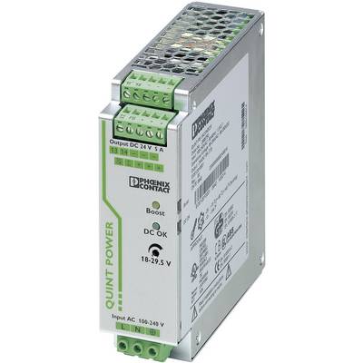 Napájecí zdroj od společnosti Phoenix Contact s označením 'QUINT POWER'. Poskytuje výstup 24 V DC a 5 A.