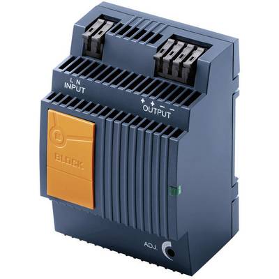 Modré elektrické zařízení s označením 'INPUT', 'OUTPUT' a 'BLOCK'. Má oranžový přepínač a připojovací svorky nahoře.