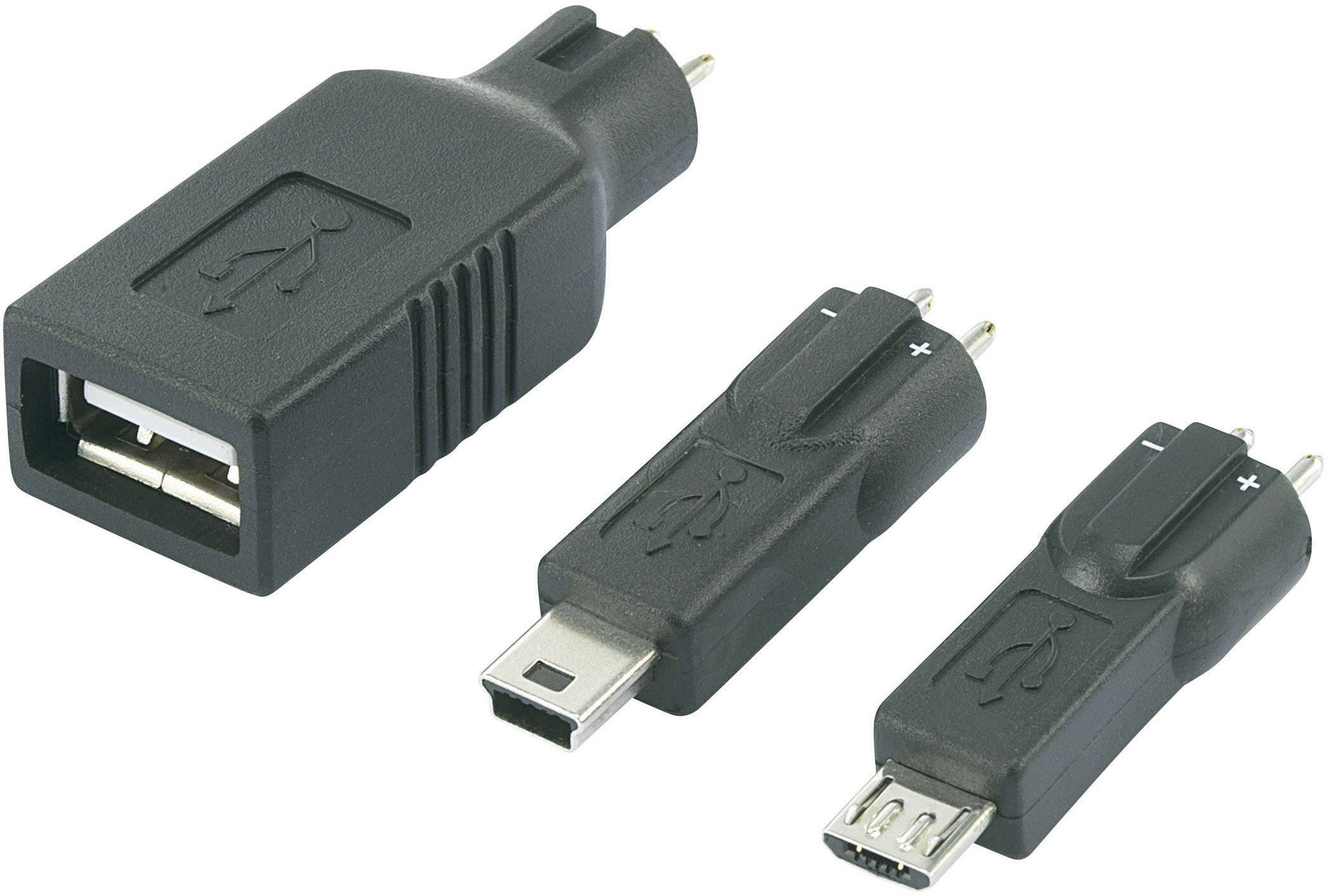Tři černé USB adaptéry, vlevo jeden velký s USB-A zásuvkou, vpravo dva menší s Mini-USB a Micro-USB konektory.