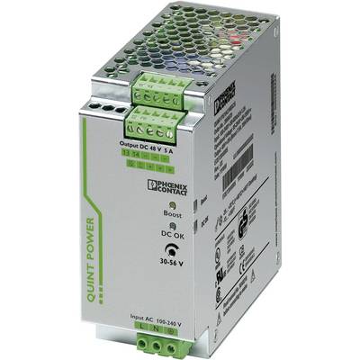 Spínaný napájecí zdroj od Phoenix Contact, typ QUINT POWER, výstup DC 48V, 5A, vstup AC 100-240V, se zelenými připojovacími svorkami.