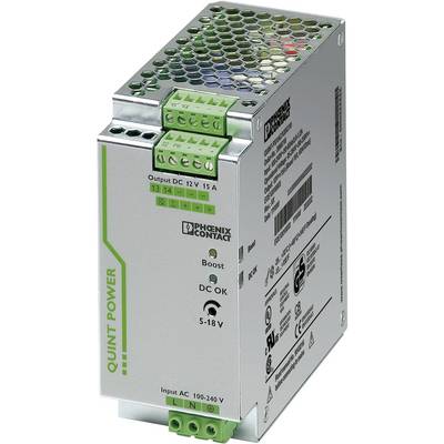 Napájecí zdroj od Phoenix Contact, model QUINT POWER. Rozsah vstupního napětí: 100-240 V AC, výstup: 12 V DC, 15 A.