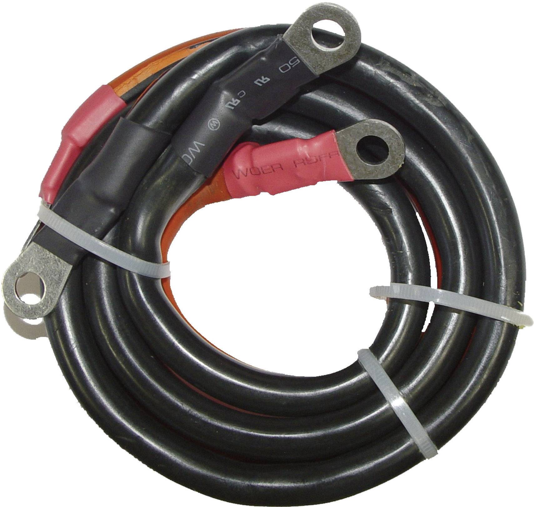 Svinutý černý kabel s kovovými oky na koncích, zajištěný stahovacími páskami.