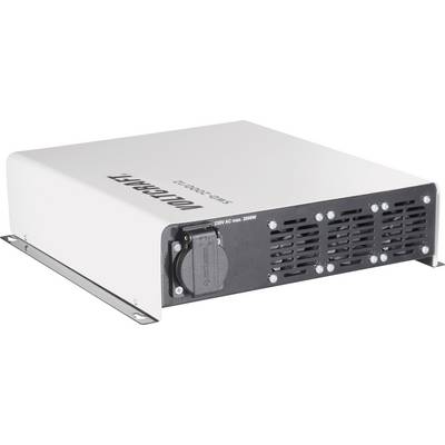 Bílý měnič napětí od společnosti VOLTCRAFT s jednou zásuvkou a větracími otvory na přední straně, vhodný pro 230V AC, max. 2000W.
