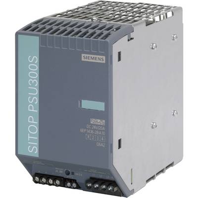 Síťový napájecí zdroj Siemens SITOP PSU300S, šedý kryt, modelové číslo '6EP1436-2BA10', 24V DC, 20A, pro průmyslové aplikace.