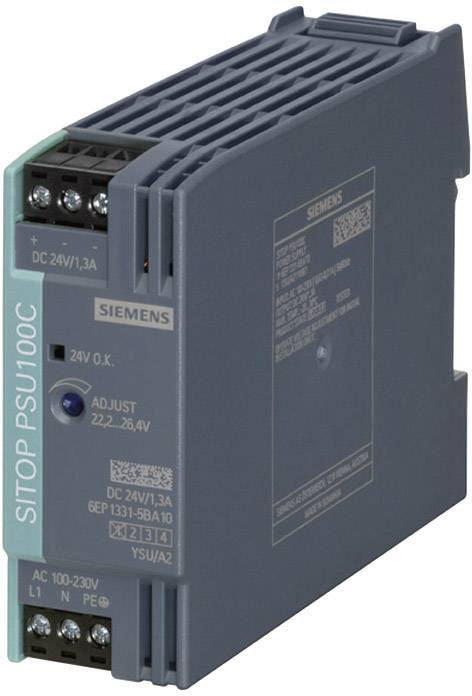 Siemens SITOP PSU100C spínaný zdroj, kompaktní design, vstup: 100-230V AC, výstup: 24V DC, 1,3A, průmyslové napájení.