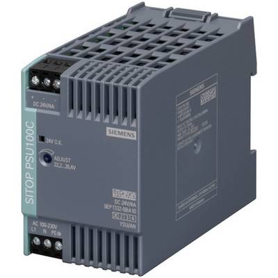 Šedý napájecí zdroj SITOP PSU100C od Siemensu s adaptační funkcí pro 22-24V a stejnosměrný výstup 24V/4A, zobrazený v detailním záběru.