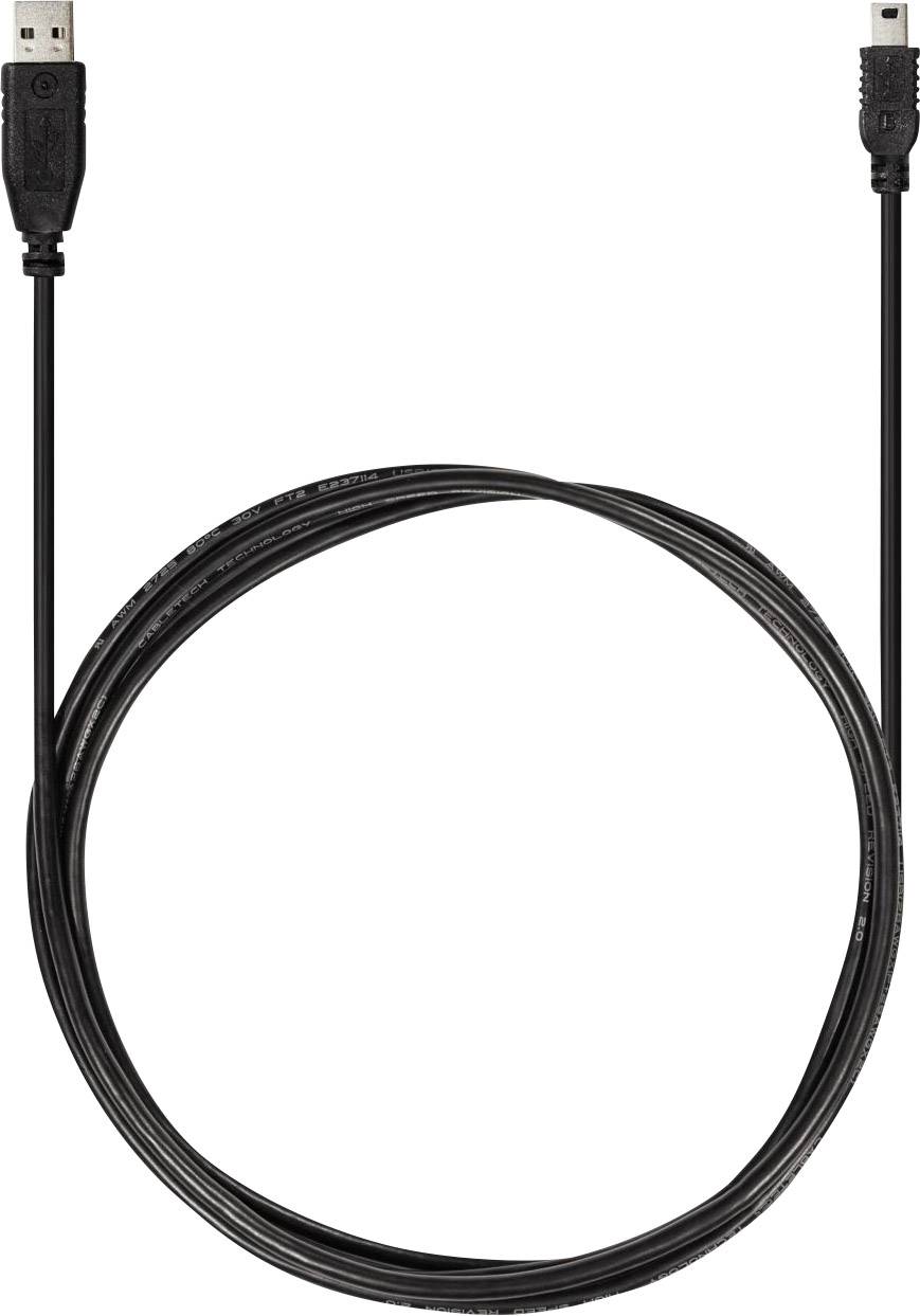 Černý USB kabel se standardním USB konektorem na levé straně a menším USB konektorem na straně pravé.