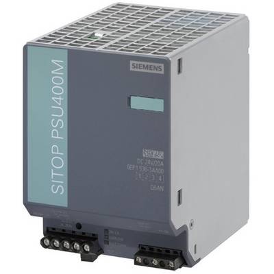 Šedý síťový zdroj Siemens SITOP PSU400M s green postranním popisem. Dodává 24V DC při 20A. Nepostradatelný pro průmyslové aplikace.