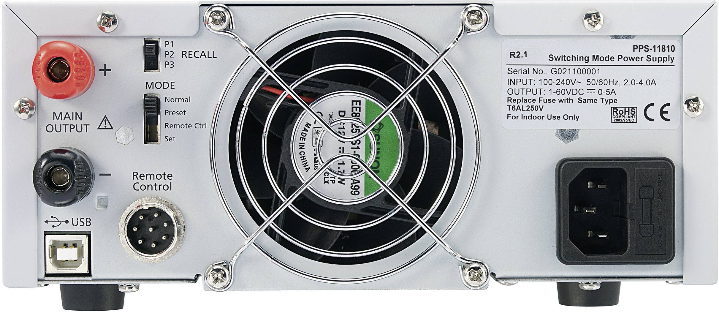 Zadní strana napájecího zdroje s ventilátorem, USB portem, hlavním vypínačem, konektorem pro dálkové ovládání a elektrickými specifikacemi.