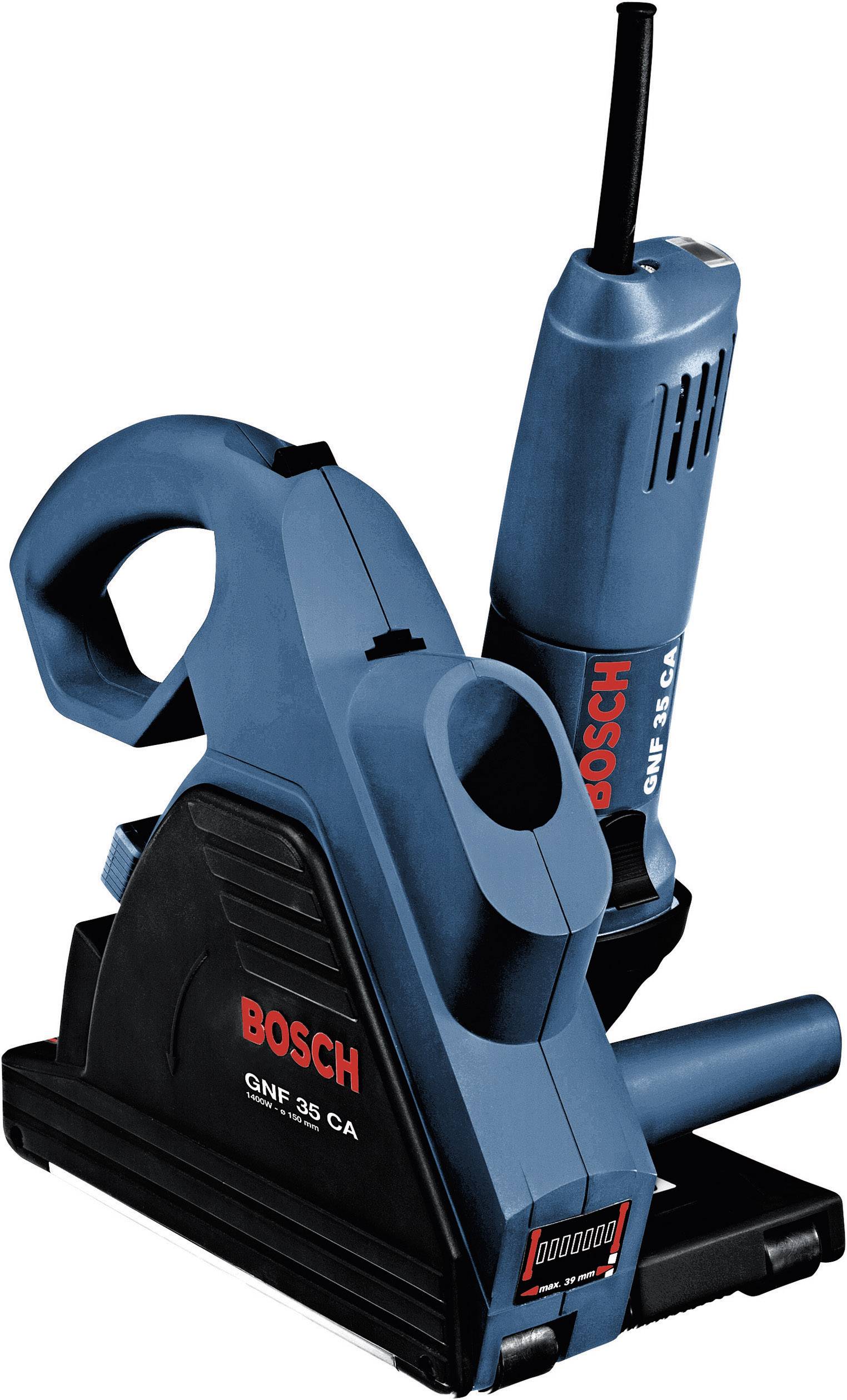 Nástěnná řezačka Bosch GNF 35 CA v modré barvě s červeným logem. Zařízení s ergonomickou rukojetí a uzavřenou strukturou pro přesné práce na zdech.