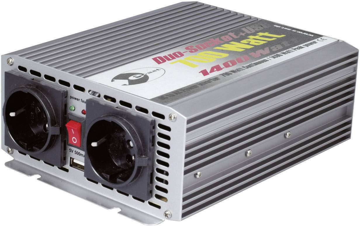 Měnič s dvěma zásuvkami, červeným vypínačem a displejem pro napětí. Text 'Duo Sine 12/1400 1400 Watt' na horní straně.