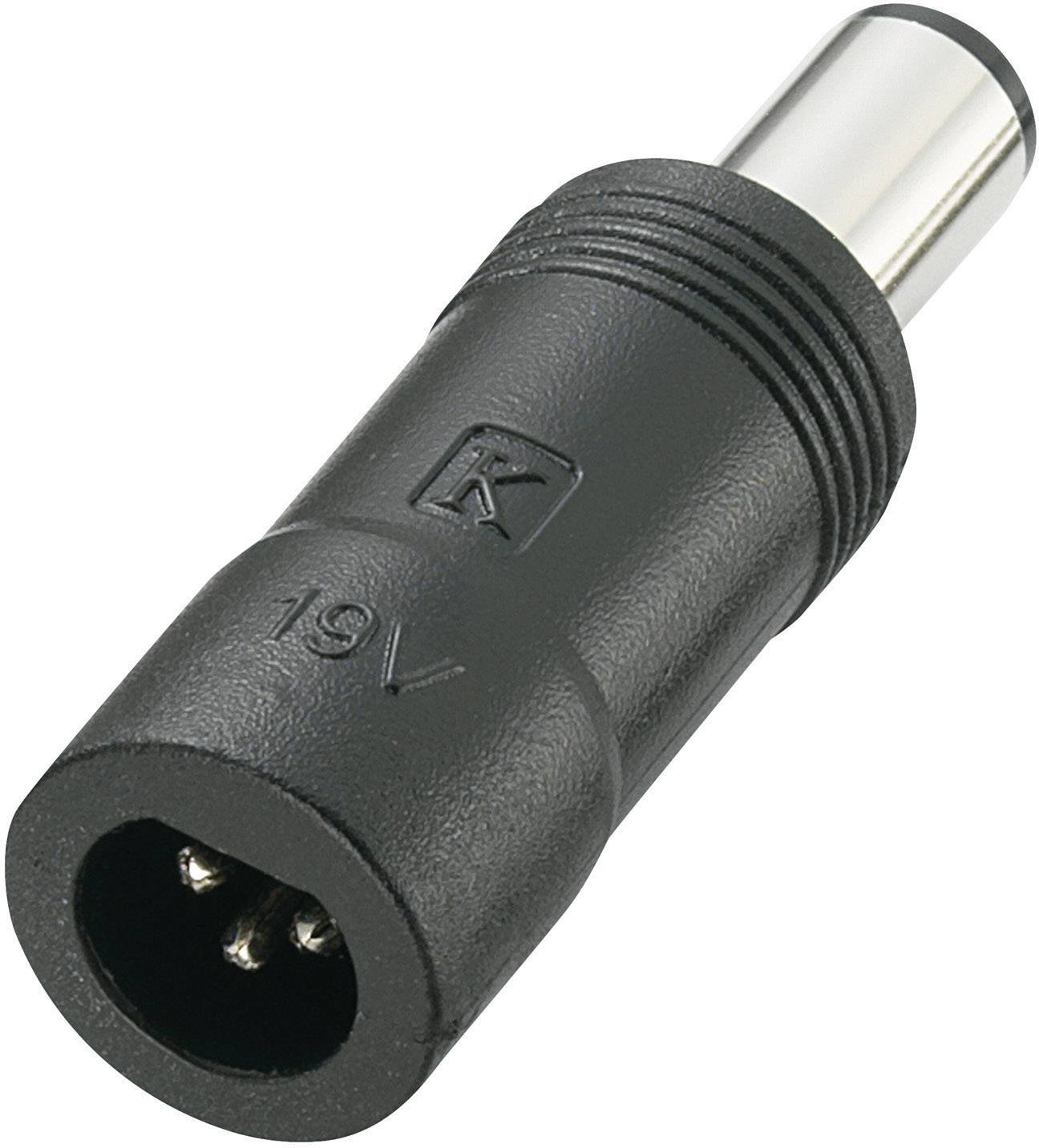 Černošedý adaptérový konektor s kulatým kovovým koncem a nápisem '19V'. Vhodný pro elektronická zařízení.