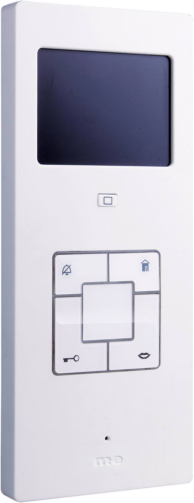 Bílý obdélníkový termostat s digitálním displejem a pěti tlačítky pod ním, každé označené odlišnými symboly.