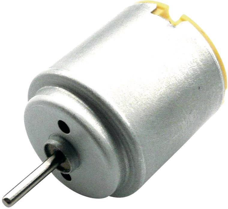 Malý stříbrný stejnosměrný elektromotor s vyčnívajícím pohonovým čepem, vhodný pro jednoduché mechanické aplikace.