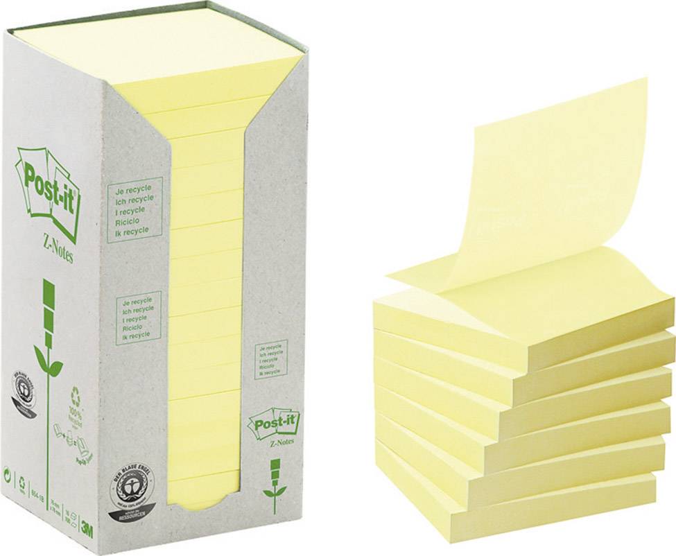 Žlutý zásobník lepicích papírků s logem Post-it. Vedle něj krabice od kartonu s nápisem 'Z-Notes' a údaji o recyklaci.